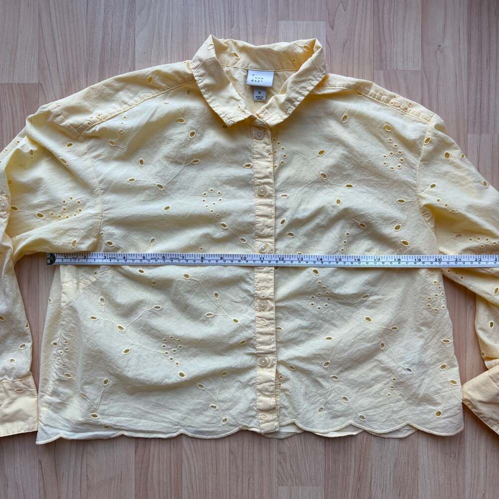 Butter Yellow 100% Cotton Eyelet Button Down Crop Blouse Long Sleeve - Picture 6 of 8